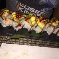 Caterpillar Roll · Fresh water eel and cucumber topped with avocado and sweet eel sauce. 6 pieces. 
