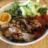 Chicken Teriyaki Bowl · Teriyaki Chicken, House Sweet Soy, Cucumber, Pickle Radish, Ajitama, Scallions
