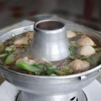 Thai Boat Noodle Soup · Thai famous brown broth noodle soup, small rice noodle in aromatic broth with bean sprouts a...