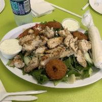 Grilled Chicken and Falafel Salad · Chicken and falafel served over a Greek salad.