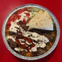 Beef Gyro Platter · Platters are served with one white sauce and one red sauce. Regular platters are served with...
