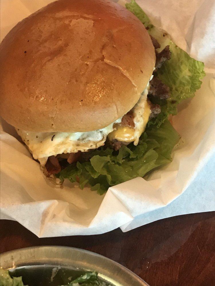 Egg Your Pardon Burger · Mayo, bacon, lettuce, tomato, American cheese, and a fried egg. With fries