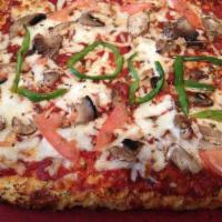 Cauliflower Pizza · Our homemade crust contains grated cauliflower, eggs and part skim mozzarella. Comes topped ...