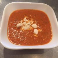 Tomato Basil Soup · Served with crackers.