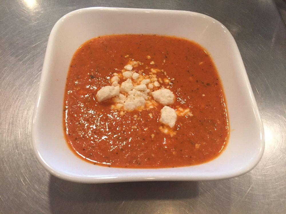 Tomato Basil Soup · Served with crackers.