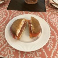 Nova Lox Sandwich · Closed face sandwich on a bagel with Nova lox, cream cheese, tomato, onion, and capers. Plea...