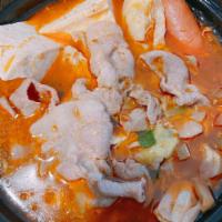 Stinky Tofu Hot Soup · Taiwanese cabbage, pork slice, fermented tofu, vermicelli, enoki mushroom, kamaboko, clam, m...