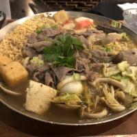 Taiwanese Supreme Spicy Hot Soup · Taiwanese cabbage, instant noodle, beef slices, beef tendon, enoki mushroom, tempura, clam, ...