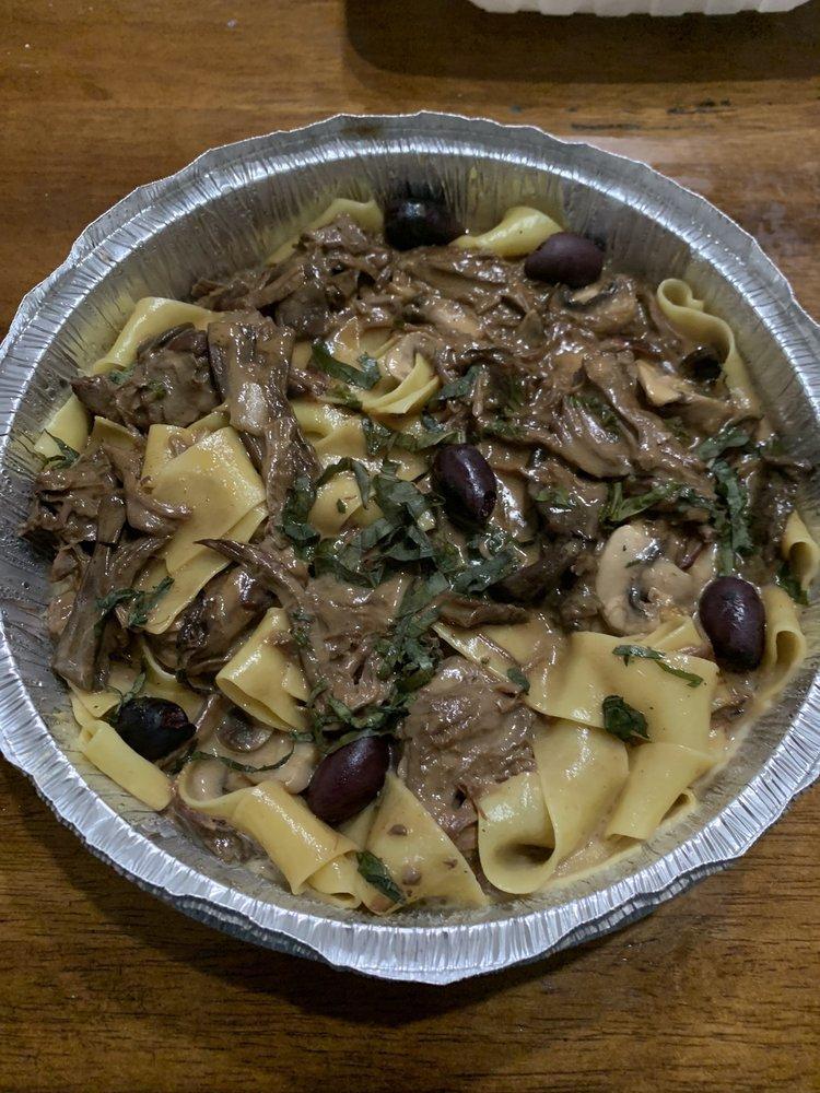 Pappardelle · Pasta with braised lamb, mix wild mushroom and black olives in brandy sauce.