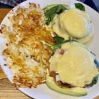 Starwood Benedict · 2 poached eggs with fresh spinach, griddled tomato, and avocado on a toasted English muffin,...