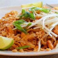 Pad Thai · Thai rice noodle with bean sprouts, tofu, eggs, chopped peanuts, garnished green onions and ...