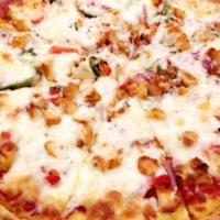 Chicken Tikka Pizza · Tandoori powder, cilantro, onions, red, green and yellow bell peppers and tandoori chicken.