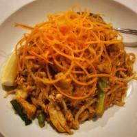 Pad Thai · Stir-fried small rice noodles, eggs, tofu, crushed peanuts and bean sprouts.
