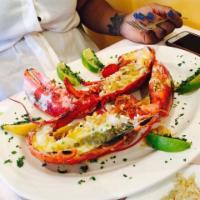 Grilled Lobster · Lagosta Grelhada. Served with rice and chips.
