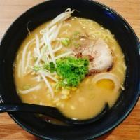 Miso Ramen · 1 piece chashu, 1/2 seasoned egg, moyashi bean sprouts, corn and green onion. Pork and chick...
