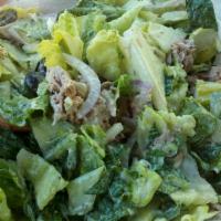 Tuna Salad · Romaine lettuce, tomatoes, cucumbers, carrots, celery, olives, topped with tuna salad. Side ...