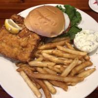 World Famous Encrusted Dolphin Sandwich · Tender dolphin fillet and lightly crusted with potato chip coating deep fried.