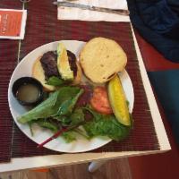 Jerk Turkey Burger · Avocado, lettuce, tomato, brioche bun and salad