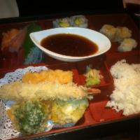 Bento Box · 3 pieces. Shumai, tempura, California roll and tempura, rice.