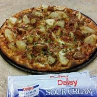 Loaded Baked Potato Pizza · If you like potato skins, you will love this! Garlic butter, cheddar cheese blend, roasted r...