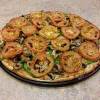 Veggie Pizza · Provolone cheese, onions, green peppers, mushrooms, green olives and Roma tomatoes.