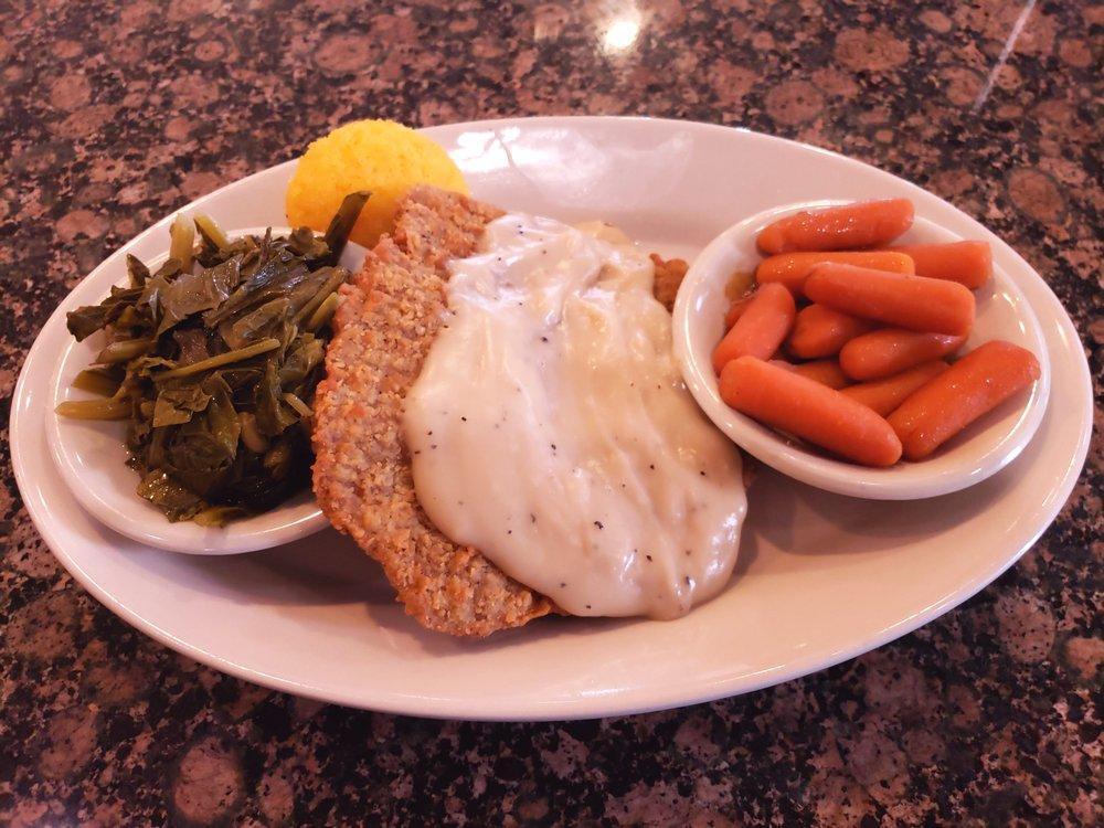 Country Fried Steak · Golden fried steak with choice of gravy and 2 sides. Served with choice of bread.