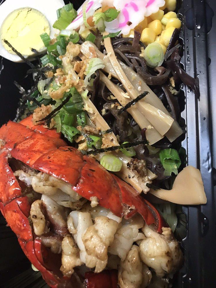 Lobster Ramen · Grilled lobster with salt, pepper, garlic and butter over miso broth.
Comes with soft boiled egg, bokchoy, beansprouts, earwood mushroom, sweet corn, fish cake, seasoned bamboo shoots, green onions, seaweed nori, fried garlic and fried onion
