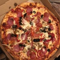 Supreme Pizza · Sausage, hamburger, pepperoni, Canadian bacon, mushroom,
bell pepper, onion, and black olives.