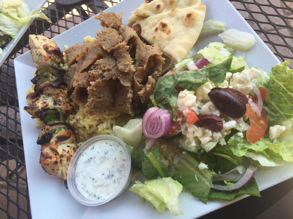 Mix and Match Plate · Your choice of 2 proteins served with Greek side salad, seasoned basmati rice, tzatziki, and warm pita.