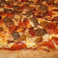 Meat Lovers Pizza · Pizza sauce, pepperoni, link sausage, bacon and meatball. All pizzas include sauce and mozza...