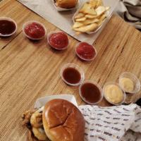 Crispy Chicken Sliders · crispy chicken served shaq's way; organic american-style Colby cheese and ketchup