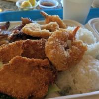 Seafood Mix · Crispy Shrimp, Island White Fish and BBQ Chicken.