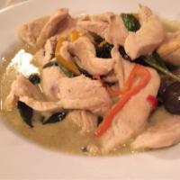 Green Curry · Your choice of meat sauteed with mushrooms, bamboo shoot, chili peppers and basil in green c...