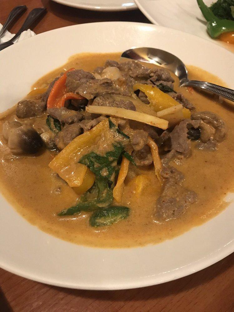 Red Curry · Your choice of meat sauteed with mushrooms, bamboo shoots, chili peppers and basil in red curry. Spicy.