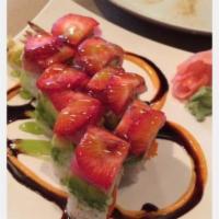 Sweetheart Roll · A fusion of shrimp tempura, avocado, tuna and strawberry garnished with kiwi lime sauce.