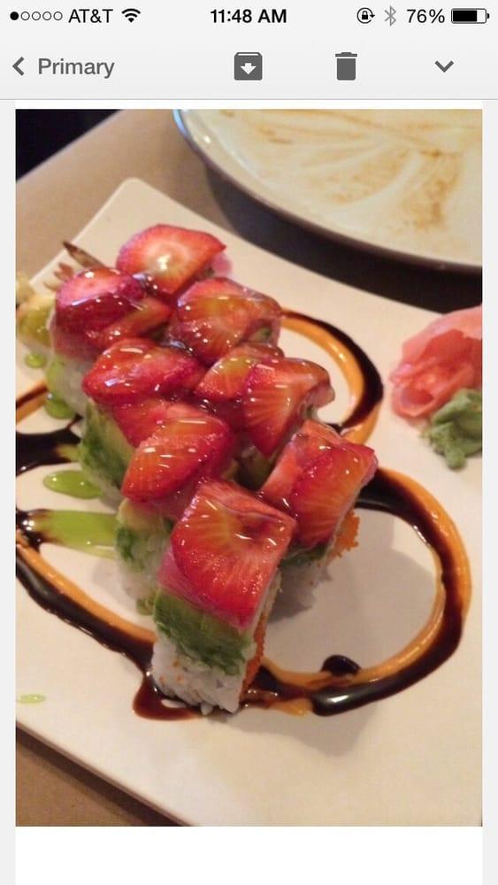 Sweetheart Roll · A fusion of shrimp tempura, avocado, tuna and strawberry garnished with kiwi lime sauce.