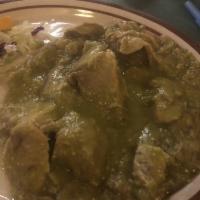 Chile Verde · An authentic Mexican dish! Pork meat and potatoes prepared in chile ancho and chipotle sauce.