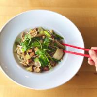 Chow Fun · Wide size rice noodles with BBQ pork, egg, onions, bean sprout and bok choy, flavored with s...