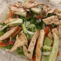 Grilled Chicken Salad · Grilled chicken, fresh lettuce, onions, cucumbers, green peppers, red peppers, ranch dressin...