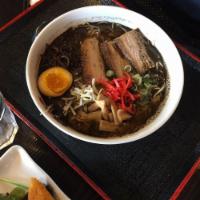 Mayu Ramen · Pork bone soup with mayu oil (dark roasted leek with crushed garlic oil), topped with roaste...