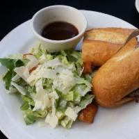 Prime Rib Dip Sandwich Lunch · Fresh shaved prime rib served hot on a French roll with au jus on the side.