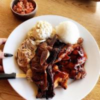 Ohana Plate · Teriyaki short ribs, BBQ chicken, kalua pig, lomi salmon lomi can be substituted for mac, ri...