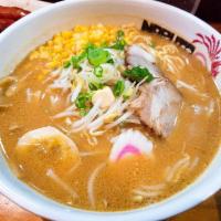 Miso Ramen · Miso-based broth with bean sprouts, bamboo shoots, scallions, corn, fishcake, and marinated ...