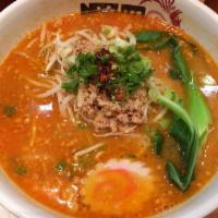 Tan Tan Ramen · Spicy sesame based broth with bean sprouts, scallion, bok choy, fishcake, and ground pork. T...