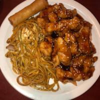 Sesame Chicken · Served with choice of rice and an eggroll. Spicy.