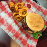 Texas Double Jungle Burger · Sauteed onions, mushrooms, jalapenos, bell peppers, bacon, American and provolone cheese, ma...