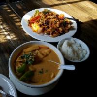 Red Curry · Roasted chili past, eggplant, bamboo shoots, basil, bell pepper, and coconut milk.
