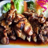Teriyaki Chicken · Traditional Japanese chicken fillet, flame broiled w. Teriyaki sauce. Served with rice.