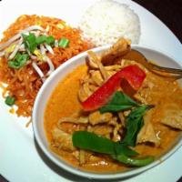 Red Curry · Pungent medium spicy curry sauce, bamboo shoot, bell pepper and Thai basil.