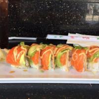 Pink Lady Roll · Inside: shrimp tempura & crab, outside: salmon, avocado & spicy mayo.